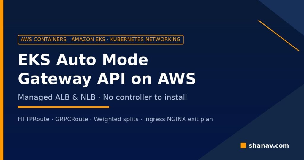 EKS Auto Mode Gateway API routing Kubernetes traffic through AWS-managed ALB and NLB load balancers, replacing Ingress NGINX